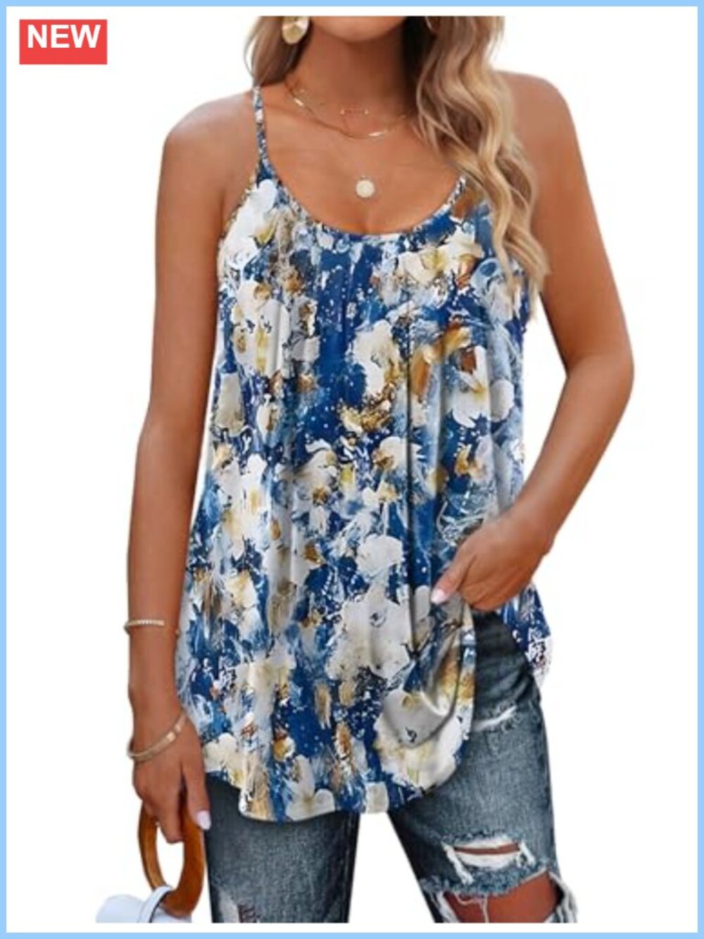 Women's Floral Pleated Cami Tank Top Adjustable Spaghetti Strap Summer Vacation